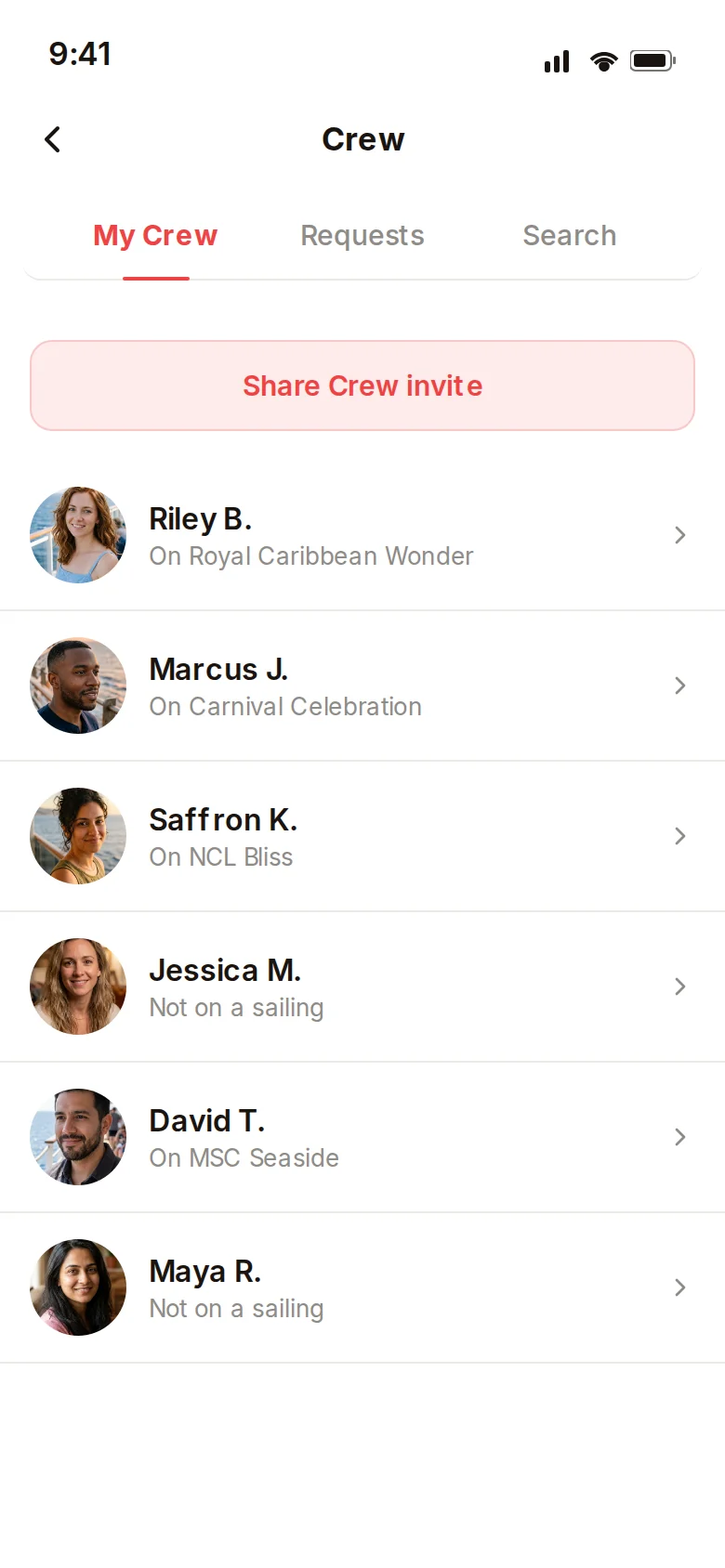 My Crew list showing which members are on a sailing