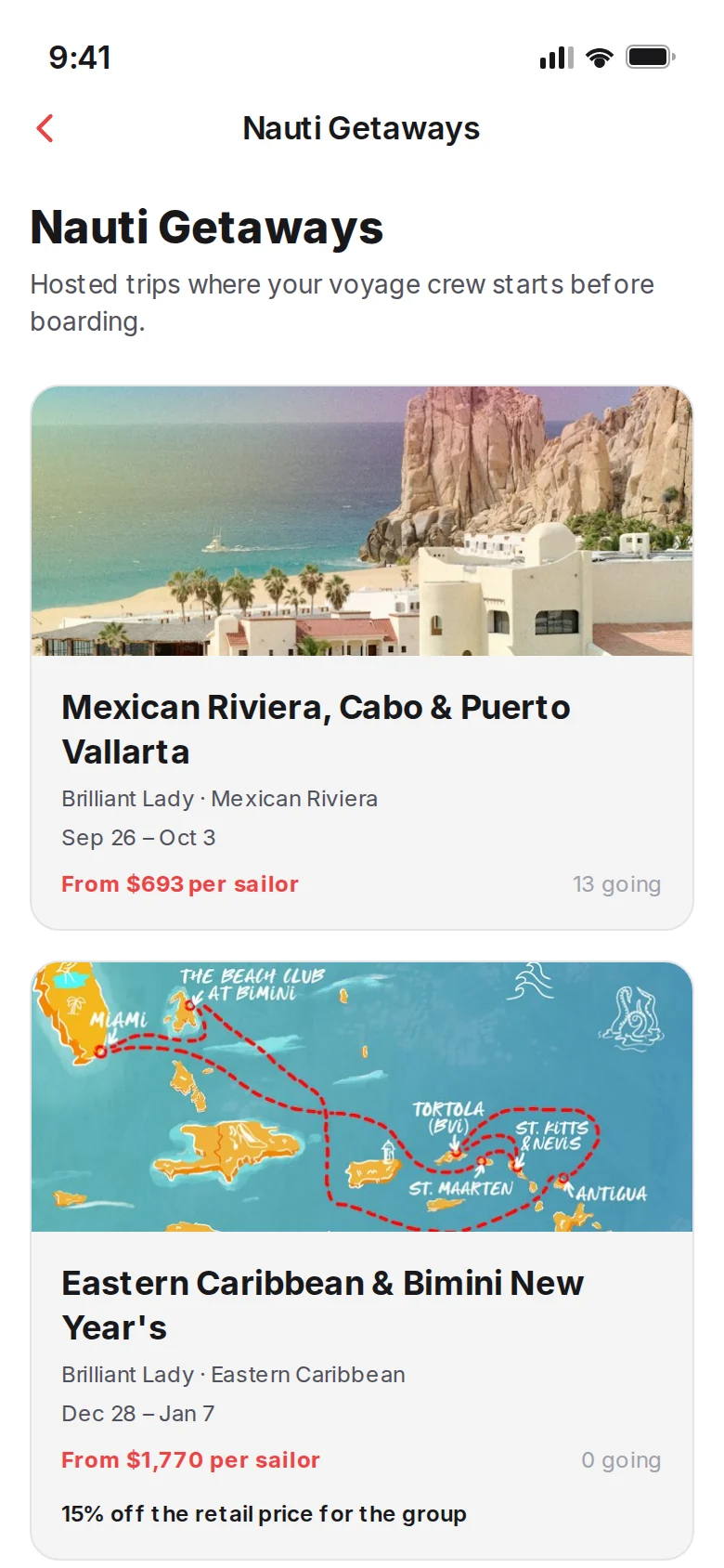 Nautir Getaways list showing hosted sailings with dates and prices